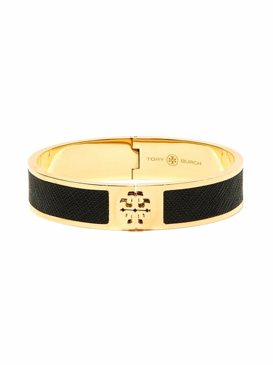 Tory Burch Jewelry - TORY BURCH Gold & Black Enamel Leather Hinged Bangle with Signature 3D Gold Logo